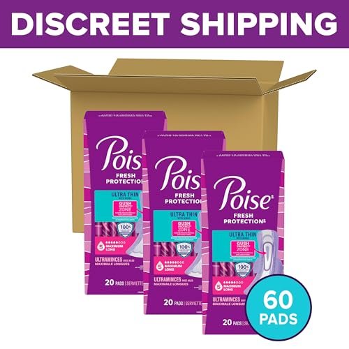 Poise Ultra Thin Einlagen für Inkontinenz & Wochenbett mit Flügeln, 5 Tropfen maximale Saugstärke, lange Länge, 60 Stück (Verpackung kann variieren)