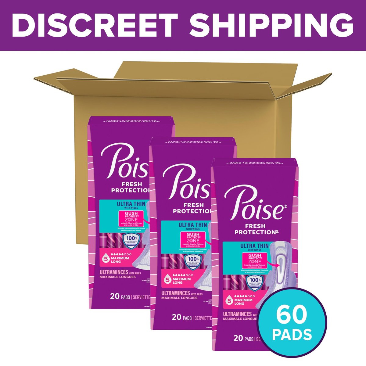 Poise Ultra Thin Einlagen für Inkontinenz & Wochenbett mit Flügeln, 5 Tropfen maximale Saugstärke, lange Länge, 60 Stück (Verpackung kann variieren)