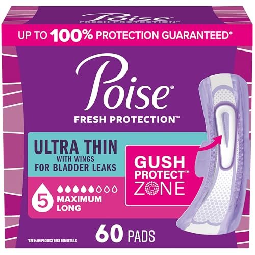 Poise Ultra Thin Einlagen für Inkontinenz & Wochenbett mit Flügeln, 5 Tropfen maximale Saugstärke, lange Länge, 60 Stück (Verpackung kann variieren)