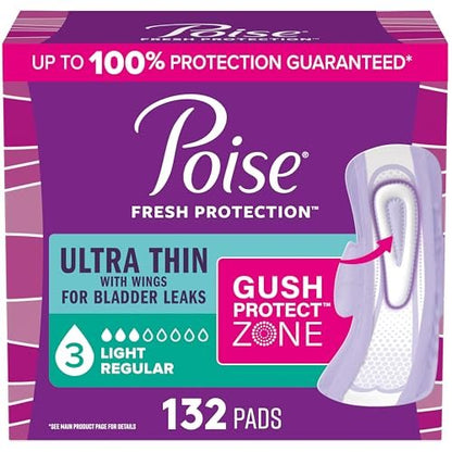 Poise Ultra Thin Inkontinenz- & Wochenbett-Einlagen mit Flügeln bei Blasenschwäche, 3 Tropfen Leichte Saugstärke, Reguläre Länge, 132 Stück (Verpackung kann variieren)