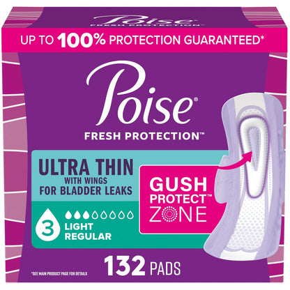 Poise Ultra Thin Inkontinenz- & Wochenbett-Einlagen mit Flügeln bei Blasenschwäche, 3 Tropfen Leichte Saugstärke, Reguläre Länge, 132 Stück (Verpackung kann variieren)