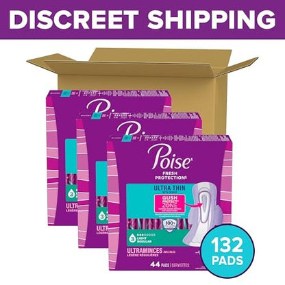Poise Ultra Thin Inkontinenz- & Wochenbett-Einlagen mit Flügeln bei Blasenschwäche, 3 Tropfen Leichte Saugstärke, Reguläre Länge, 132 Stück (Verpackung kann variieren)