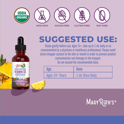 MARYRUTH'S Vitamin D3 Liquid Drops | Megadosis 4000 IE | USDA Bio Flüssiges Vitamin D Spray für Erwachsene & Kinder | Immunsystem & Knochengesundheit | Vegan | Glutenfrei | Nicht-GVO | 30 Portionen