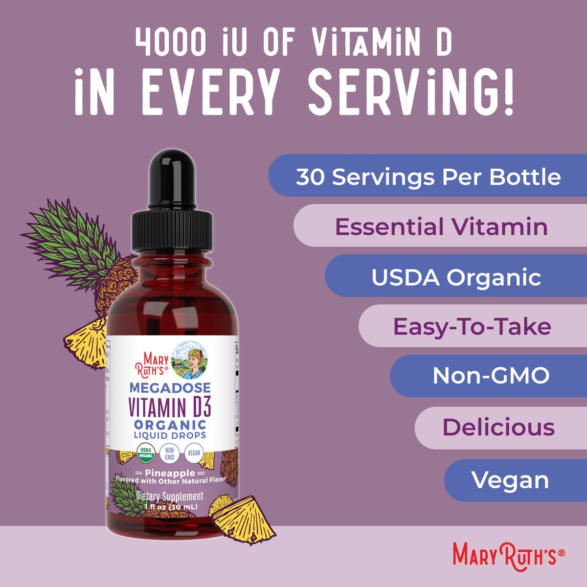 MARYRUTH'S Vitamin D3 Liquid Drops | Megadosis 4000 IE | USDA Bio Flüssiges Vitamin D Spray für Erwachsene & Kinder | Immunsystem & Knochengesundheit | Vegan | Glutenfrei | Nicht-GVO | 30 Portionen