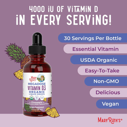 MARYRUTH'S Vitamin D3 Liquid Drops | Megadosis 4000 IE | USDA Bio Flüssiges Vitamin D Spray für Erwachsene & Kinder | Immunsystem & Knochengesundheit | Vegan | Glutenfrei | Nicht-GVO | 30 Portionen