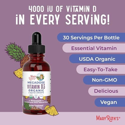MARYRUTH'S Vitamin D3 Liquid Drops | Megadosis 4000 IE | USDA Bio Flüssiges Vitamin D Spray für Erwachsene & Kinder | Immunsystem & Knochengesundheit | Vegan | Glutenfrei | Nicht-GVO | 30 Portionen