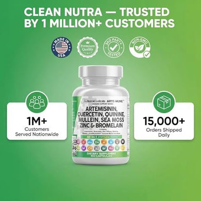 Clean Nutraceuticals Artemisinin Quercetin Zink Mullein Chinin Nahrungsergänzung mit Seemoos Bromelain Ashwagandha Wurzel Brennnesselblatt Blasentang Klettenwurzel Monolaurin Kolostrum Rutin