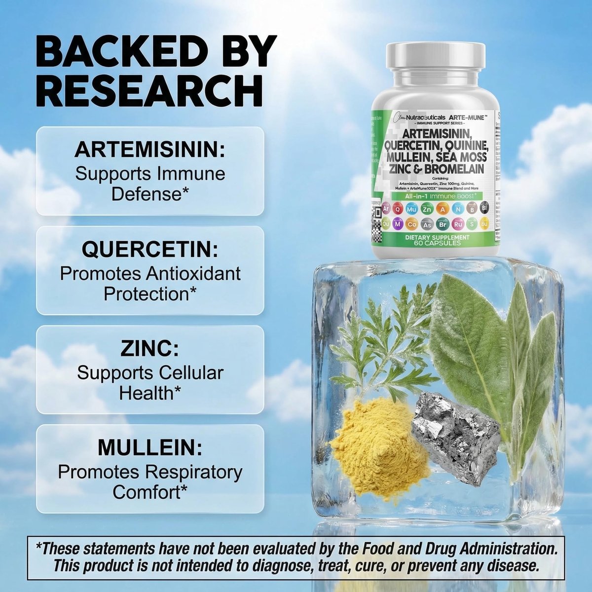 Clean Nutraceuticals Artemisinin Quercetin Zink Mullein Chinin Nahrungsergänzung mit Seemoos Bromelain Ashwagandha Wurzel Brennnesselblatt Blasentang Klettenwurzel Monolaurin Kolostrum Rutin