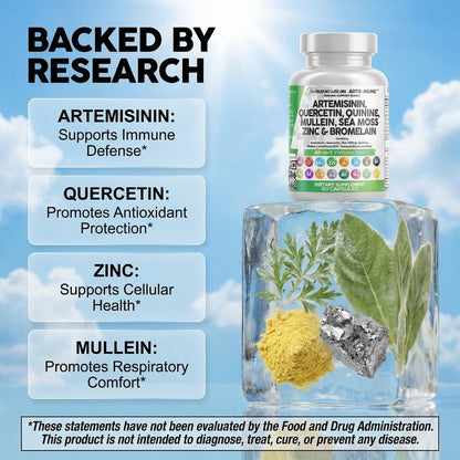 Clean Nutraceuticals Artemisinin Quercetin Zink Mullein Chinin Nahrungsergänzung mit Seemoos Bromelain Ashwagandha Wurzel Brennnesselblatt Blasentang Klettenwurzel Monolaurin Kolostrum Rutin
