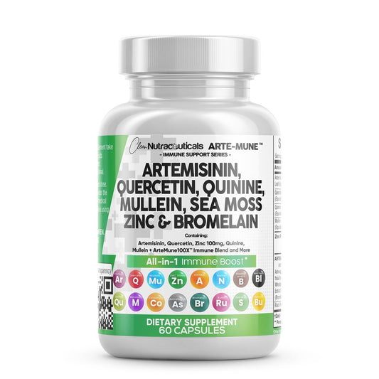Clean Nutraceuticals Artemisinin Quercetin Zink Mullein Chinin Nahrungsergänzung mit Seemoos Bromelain Ashwagandha Wurzel Brennnesselblatt Blasentang Klettenwurzel Monolaurin Kolostrum Rutin