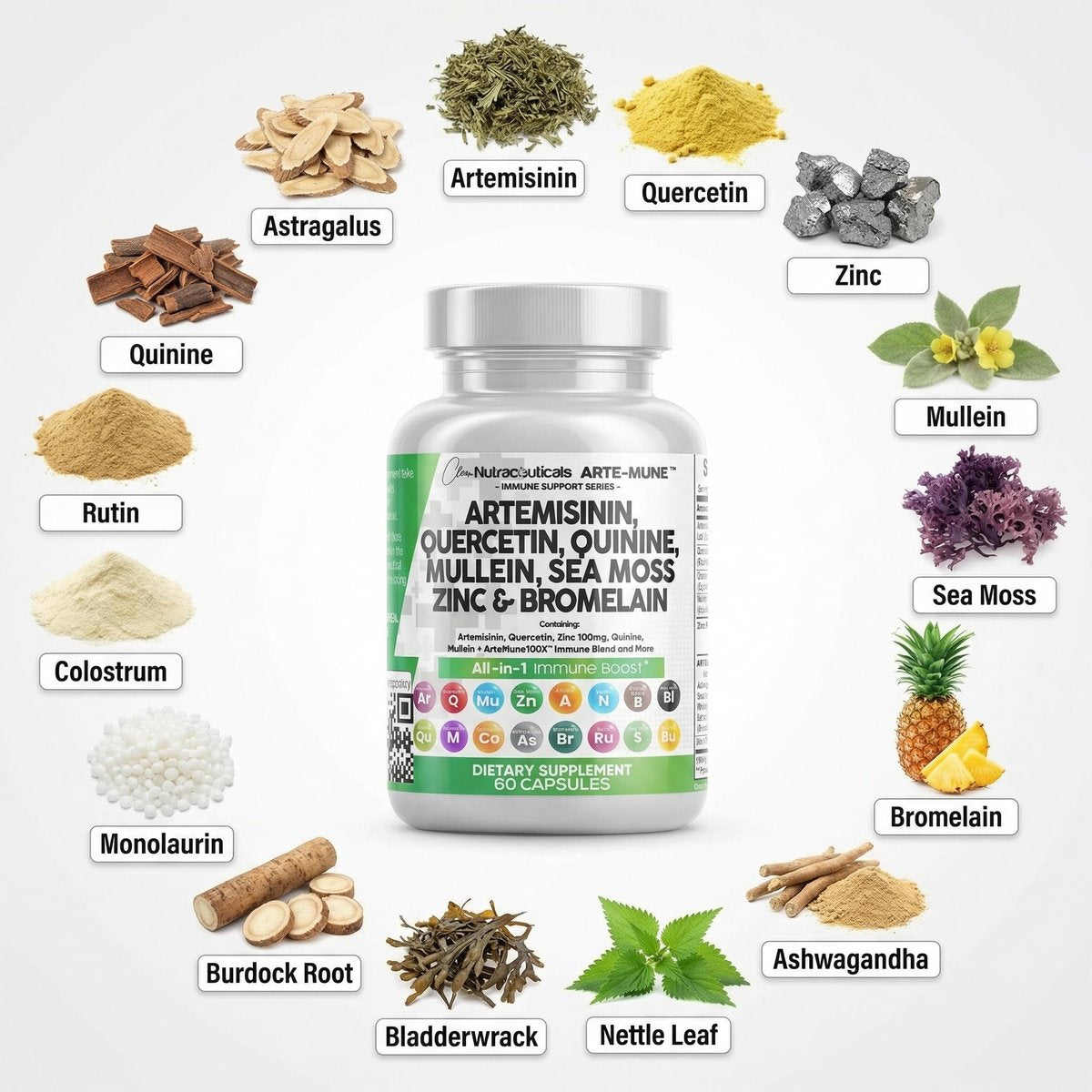 Clean Nutraceuticals Artemisinin Quercetin Zink Mullein Chinin Nahrungsergänzung mit Seemoos Bromelain Ashwagandha Wurzel Brennnesselblatt Blasentang Klettenwurzel Monolaurin Kolostrum Rutin