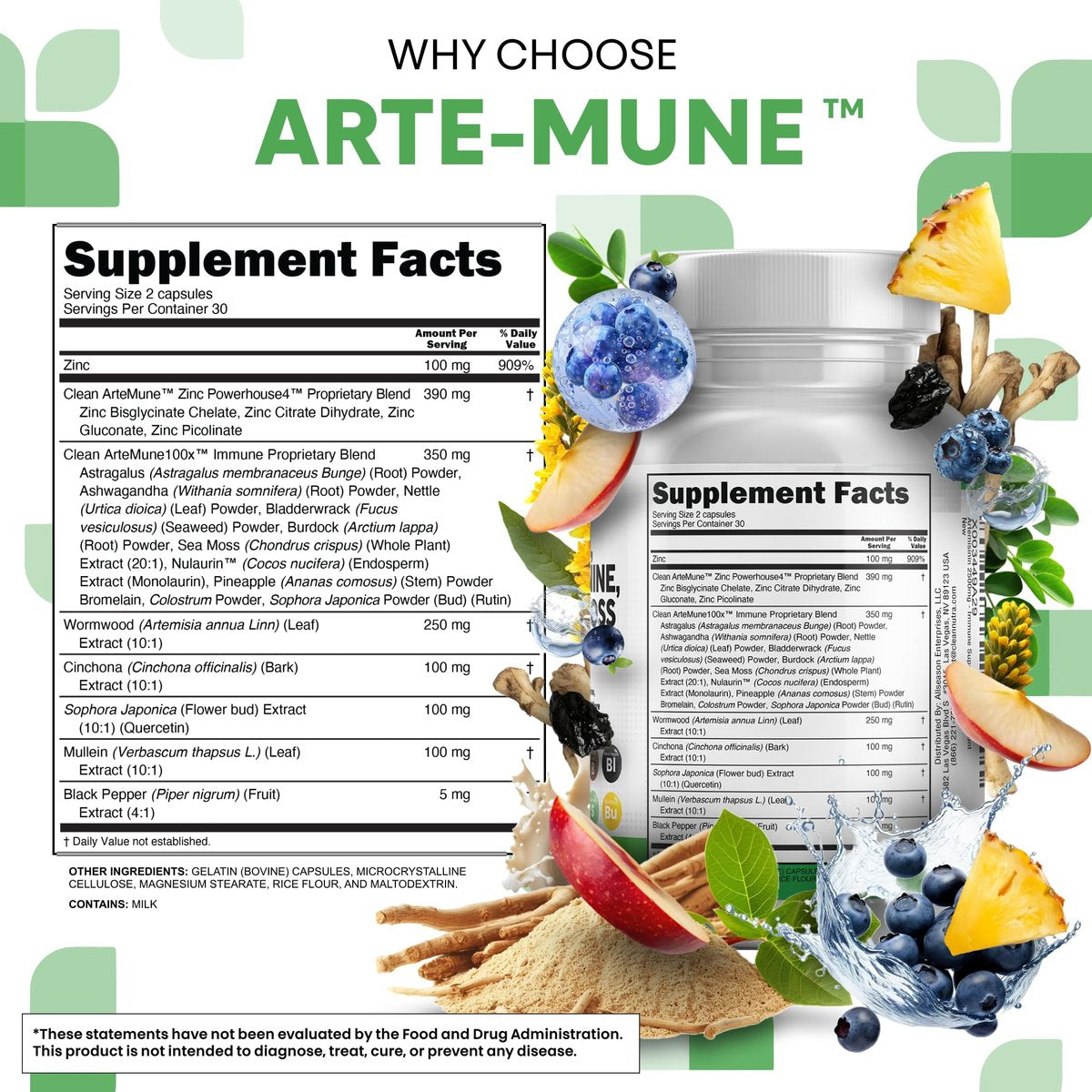 Clean Nutraceuticals Artemisinin Quercetin Zink Mullein Chinin Nahrungsergänzung mit Seemoos Bromelain Ashwagandha Wurzel Brennnesselblatt Blasentang Klettenwurzel Monolaurin Kolostrum Rutin