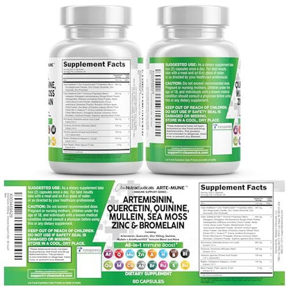 Clean Nutraceuticals Artemisinin Quercetin Zink Mullein Chinin Nahrungsergänzung mit Seemoos Bromelain Ashwagandha Wurzel Brennnesselblatt Blasentang Klettenwurzel Monolaurin Kolostrum Rutin
