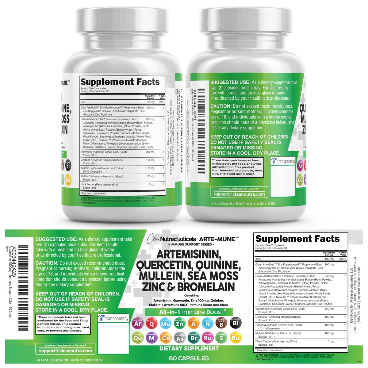 Clean Nutraceuticals Artemisinin Quercetin Zink Mullein Chinin Nahrungsergänzung mit Seemoos Bromelain Ashwagandha Wurzel Brennnesselblatt Blasentang Klettenwurzel Monolaurin Kolostrum Rutin