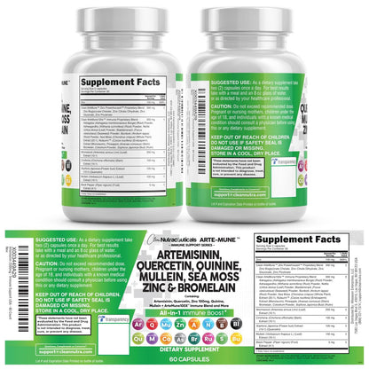 Clean Nutraceuticals Artemisinin Quercetin Zink Mullein Chinin Nahrungsergänzung mit Seemoos Bromelain Ashwagandha Wurzel Brennnesselblatt Blasentang Klettenwurzel Monolaurin Kolostrum Rutin