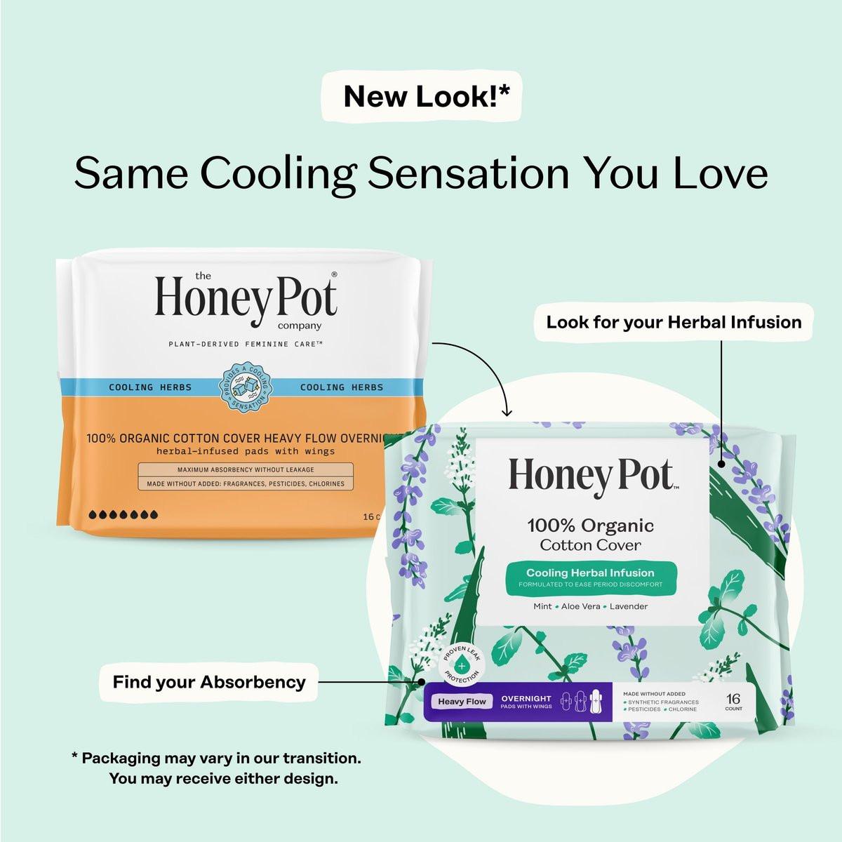 The Honey Pot Company - Kräuter-Slipeinlagen für Frauen - Schwerer Fluss über Nacht mit Flügeln - Angereichert mit ätherischen Ölen für kühlenden Effekt & Bio-Baumwollbezug - Damenhygiene - 16 Stück