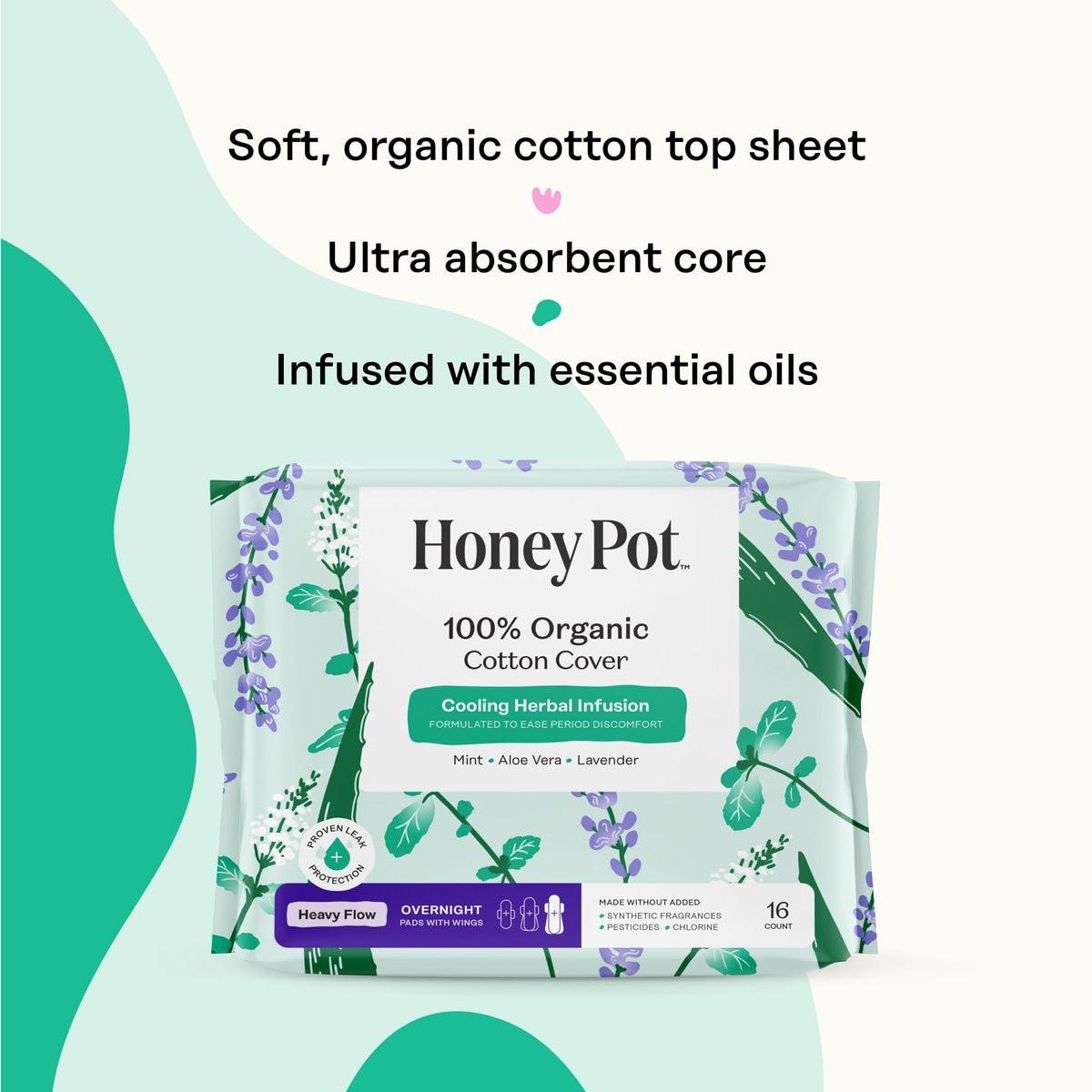 The Honey Pot Company - Kräuter-Slipeinlagen für Frauen - Schwerer Fluss über Nacht mit Flügeln - Angereichert mit ätherischen Ölen für kühlenden Effekt & Bio-Baumwollbezug - Damenhygiene - 16 Stück