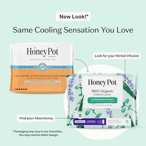 The Honey Pot Company - Kräuter-Slipeinlagen für Frauen - Schwerer Fluss über Nacht mit Flügeln - Angereichert mit ätherischen Ölen für kühlenden Effekt & Bio-Baumwollbezug - Damenhygiene - 16 Stück
