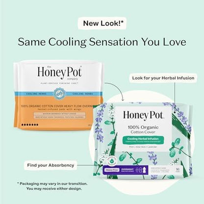 The Honey Pot Company - Kräuter-Slipeinlagen für Frauen - Schwerer Fluss über Nacht mit Flügeln - Angereichert mit ätherischen Ölen für kühlenden Effekt & Bio-Baumwollbezug - Damenhygiene - 16 Stück