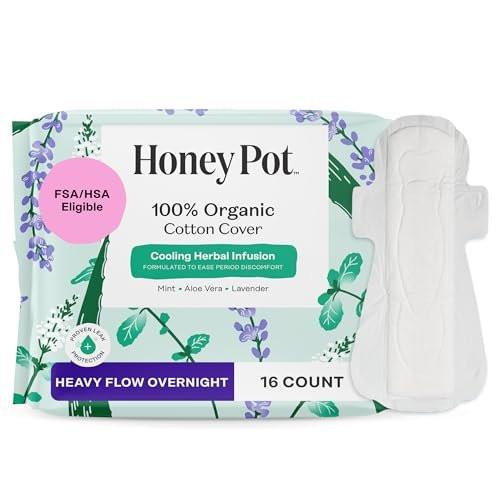 The Honey Pot Company - Kräuter-Slipeinlagen für Frauen - Schwerer Fluss über Nacht mit Flügeln - Angereichert mit ätherischen Ölen für kühlenden Effekt & Bio-Baumwollbezug - Damenhygiene - 16 Stück