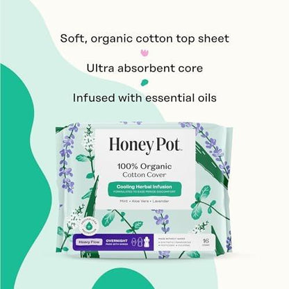 The Honey Pot Company - Kräuter-Slipeinlagen für Frauen - Schwerer Fluss über Nacht mit Flügeln - Angereichert mit ätherischen Ölen für kühlenden Effekt & Bio-Baumwollbezug - Damenhygiene - 16 Stück