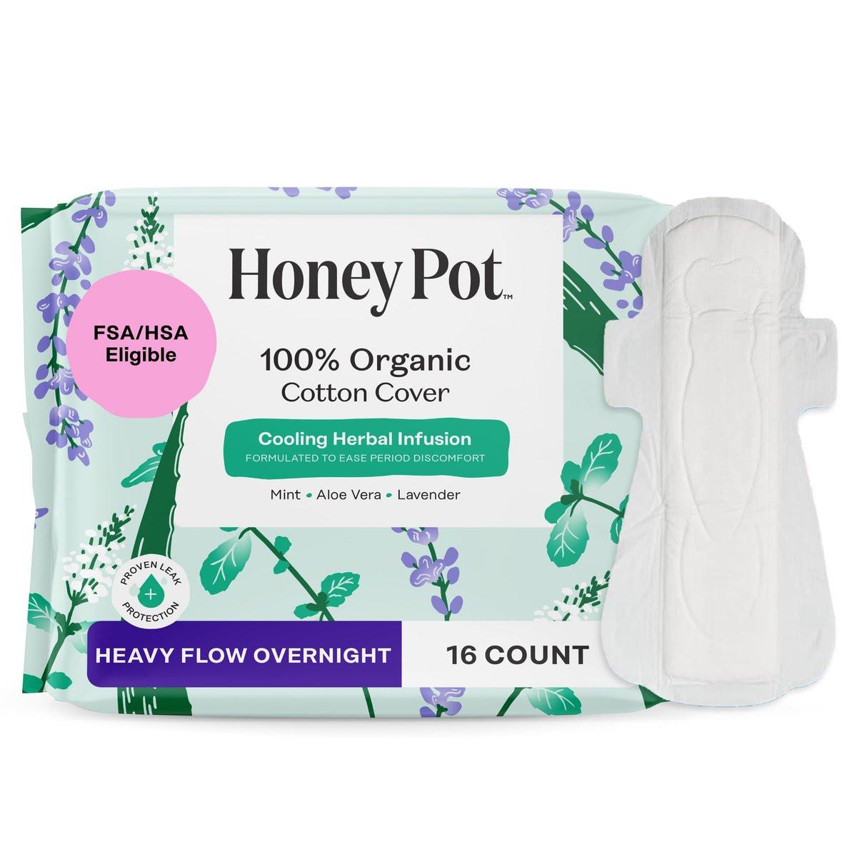 The Honey Pot Company - Kräuter-Slipeinlagen für Frauen - Schwerer Fluss über Nacht mit Flügeln - Angereichert mit ätherischen Ölen für kühlenden Effekt & Bio-Baumwollbezug - Damenhygiene - 16 Stück