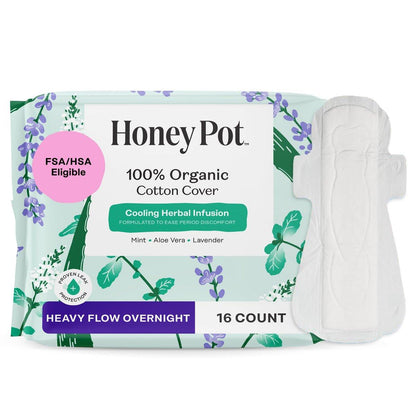 The Honey Pot Company - Kräuter-Slipeinlagen für Frauen - Schwerer Fluss über Nacht mit Flügeln - Angereichert mit ätherischen Ölen für kühlenden Effekt & Bio-Baumwollbezug - Damenhygiene - 16 Stück