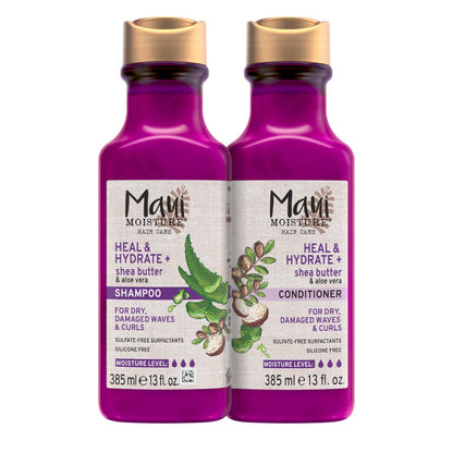 Maui Moisture Heal & Hydrate + Shea Butter Shampoo & Conditioner Bundle – Feuchtigkeitsspendendes Haarpflegeset mit Sheabutter & Aloe Vera für trockenes, geschädigtes Wellen- & Lockenhaar, Silikonfrei, 2 x 355 ml