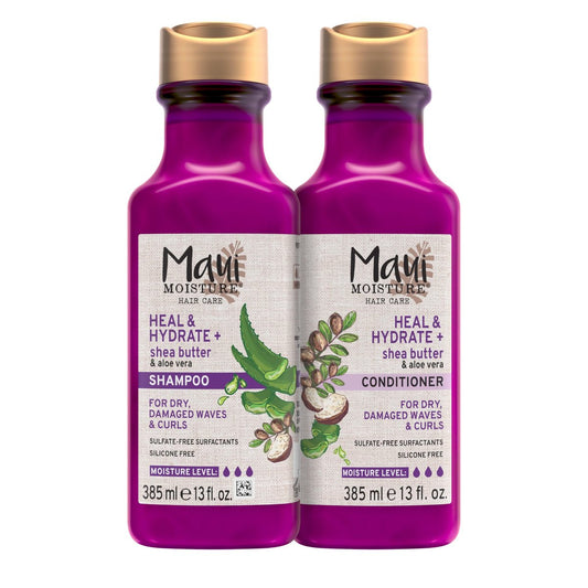 Maui Moisture Heal & Hydrate + Shea Butter Shampoo & Conditioner Bundle – Feuchtigkeitsspendendes Haarpflegeset mit Sheabutter & Aloe Vera für trockenes, geschädigtes Wellen- & Lockenhaar, Silikonfrei, 2 x 355 ml