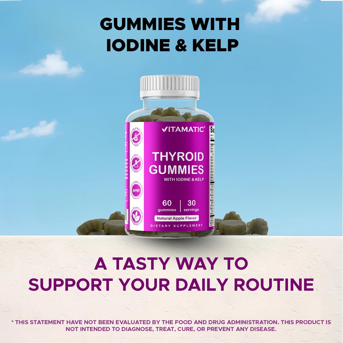 Vitamatic Vegan Thyroid Support Gummies mit Jod & Kelp – 60 Stück – Steigern Sie Ihre Energie und verbessern Sie Ihren Stoffwechsel – Pflanzlich
