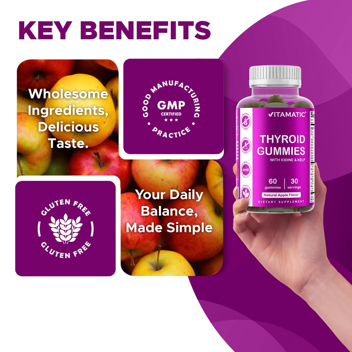 Vitamatic Vegan Thyroid Support Gummies mit Jod & Kelp – 60 Stück – Steigern Sie Ihre Energie und verbessern Sie Ihren Stoffwechsel – Pflanzlich