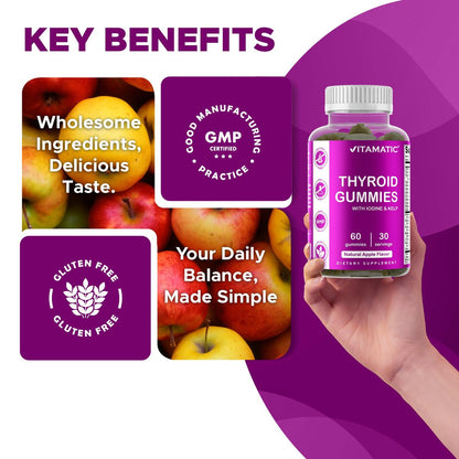 Vitamatic Vegan Thyroid Support Gummies mit Jod & Kelp – 60 Stück – Steigern Sie Ihre Energie und verbessern Sie Ihren Stoffwechsel – Pflanzlich