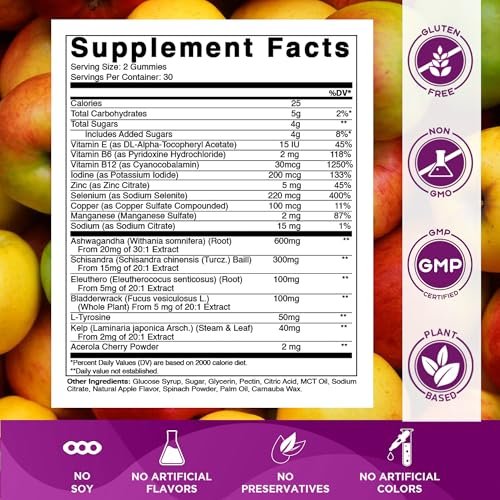 Vitamatic Vegan Thyroid Support Gummies mit Jod & Kelp – 60 Stück – Steigern Sie Ihre Energie und verbessern Sie Ihren Stoffwechsel – Pflanzlich