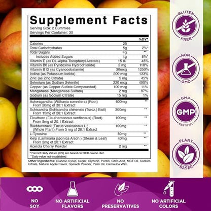 Vitamatic Vegan Thyroid Support Gummies mit Jod & Kelp – 60 Stück – Steigern Sie Ihre Energie und verbessern Sie Ihren Stoffwechsel – Pflanzlich
