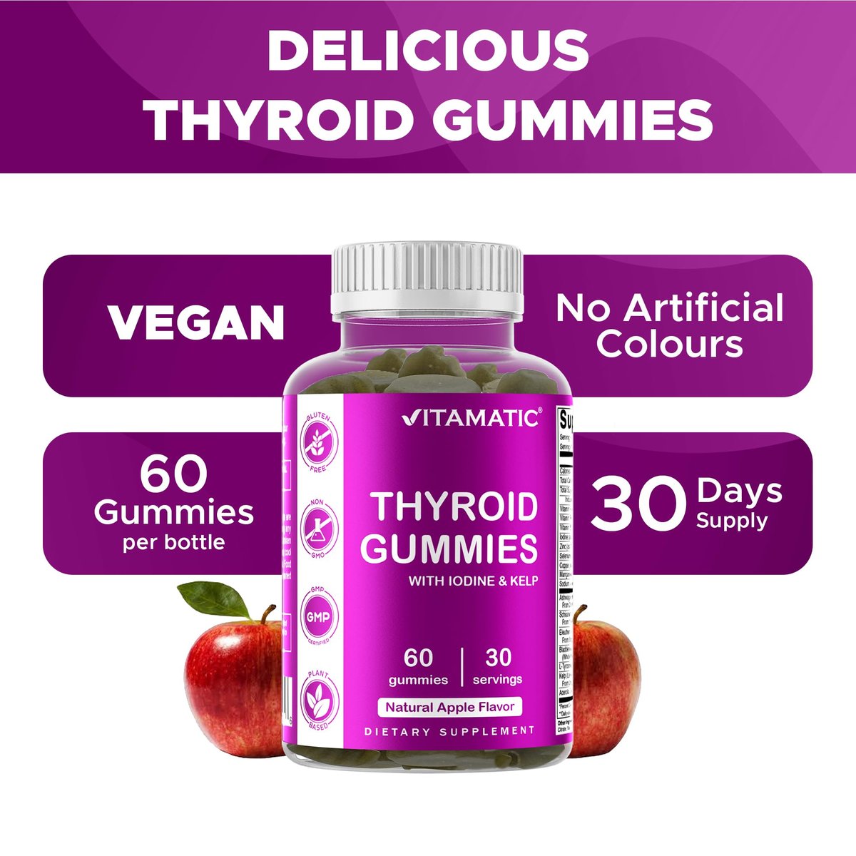 Vitamatic Vegan Thyroid Support Gummies mit Jod & Kelp – 60 Stück – Steigern Sie Ihre Energie und verbessern Sie Ihren Stoffwechsel – Pflanzlich