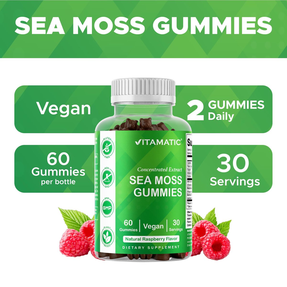 Vitamatic Irish Sea Moss Gummies mit Bladderwrack & Klettenwurzel – Pflanzliches Nahrungsergänzungsmittel – Vegan, Nicht-GVO – 60 Stück