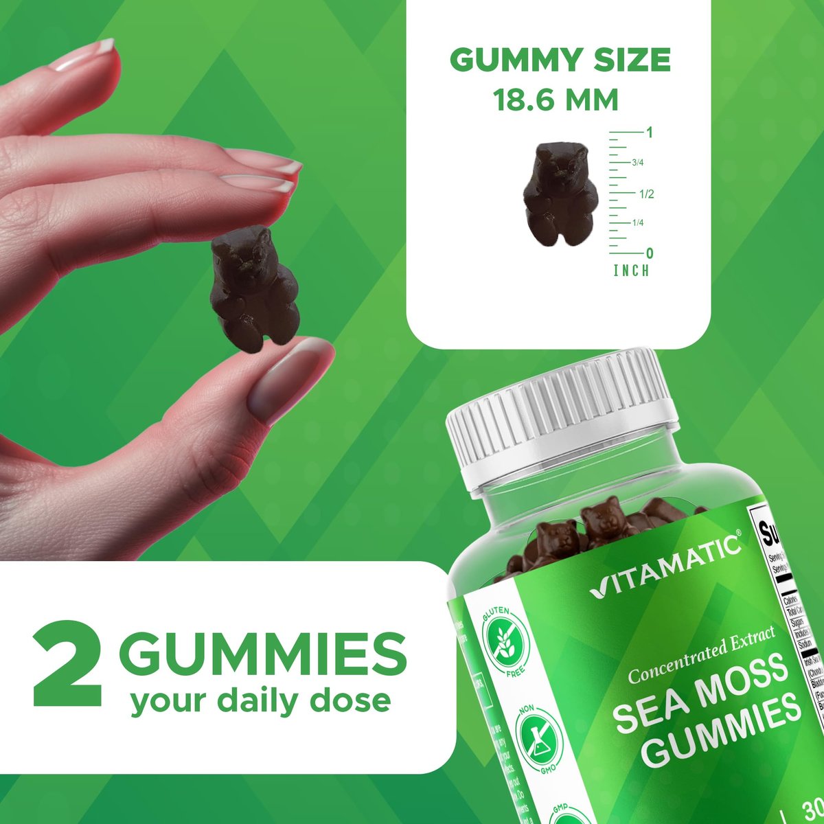 Vitamatic Irish Sea Moss Gummies mit Bladderwrack & Klettenwurzel – Pflanzliches Nahrungsergänzungsmittel – Vegan, Nicht-GVO – 60 Stück