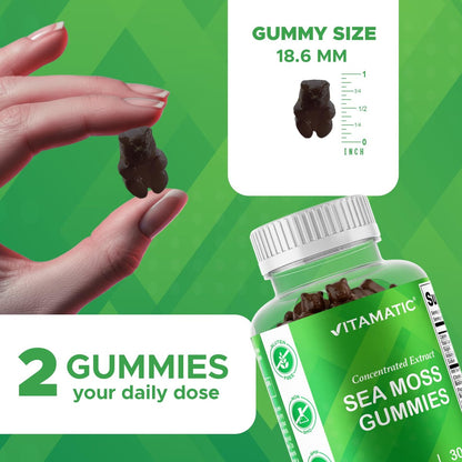 Vitamatic Irish Sea Moss Gummies mit Bladderwrack & Klettenwurzel – Pflanzliches Nahrungsergänzungsmittel – Vegan, Nicht-GVO – 60 Stück