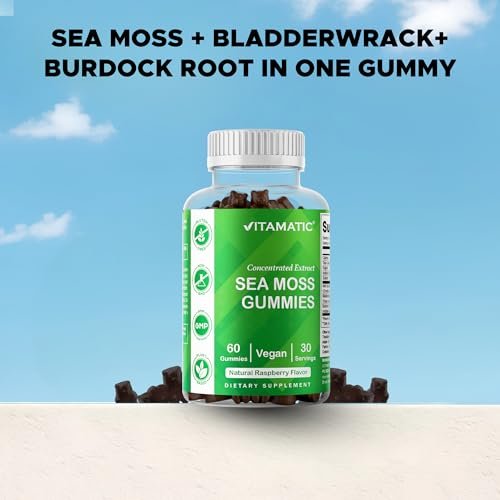 Vitamatic Irish Sea Moss Gummies mit Bladderwrack & Klettenwurzel – Pflanzliches Nahrungsergänzungsmittel – Vegan, Nicht-GVO – 60 Stück