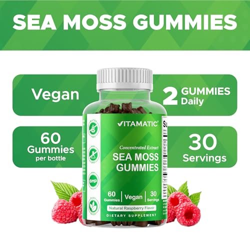 Vitamatic Irish Sea Moss Gummies mit Bladderwrack & Klettenwurzel – Pflanzliches Nahrungsergänzungsmittel – Vegan, Nicht-GVO – 60 Stück