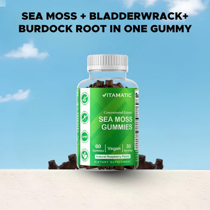 Vitamatic Irish Sea Moss Gummies mit Bladderwrack & Klettenwurzel – Pflanzliches Nahrungsergänzungsmittel – Vegan, Nicht-GVO – 60 Stück