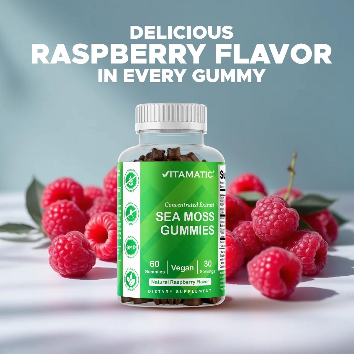 Vitamatic Irish Sea Moss Gummies mit Bladderwrack & Klettenwurzel – Pflanzliches Nahrungsergänzungsmittel – Vegan, Nicht-GVO – 60 Stück
