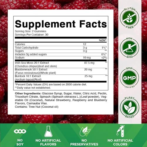 Vitamatic Irish Sea Moss Gummies mit Bladderwrack & Klettenwurzel – Pflanzliches Nahrungsergänzungsmittel – Vegan, Nicht-GVO – 60 Stück
