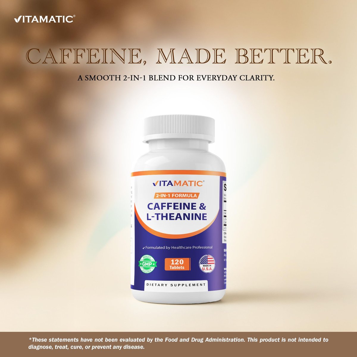 Vitamatic L-Theanin 200mg mit Koffein 100mg – 120 vegane Tabletten, Nootropikum für fokussierte Energie & geistige Klarheit