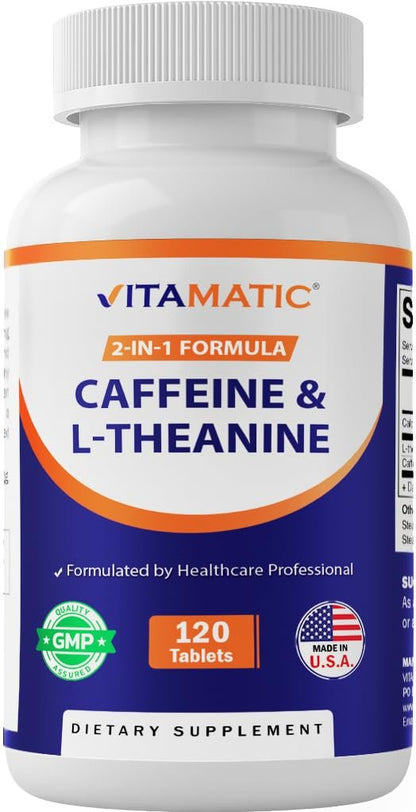 Vitamatic L-Theanin 200mg mit Koffein 100mg – 120 vegane Tabletten, Nootropikum für fokussierte Energie & geistige Klarheit