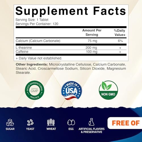Vitamatic L-Theanin 200mg mit Koffein 100mg – 120 vegane Tabletten, Nootropikum für fokussierte Energie & geistige Klarheit