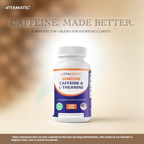 Vitamatic L-Theanin 200mg mit Koffein 100mg – 120 vegane Tabletten, Nootropikum für fokussierte Energie & geistige Klarheit
