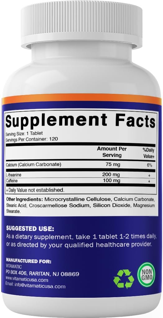 Vitamatic L-Theanin 200mg mit Koffein 100mg – 120 vegane Tabletten, Nootropikum für fokussierte Energie & geistige Klarheit
