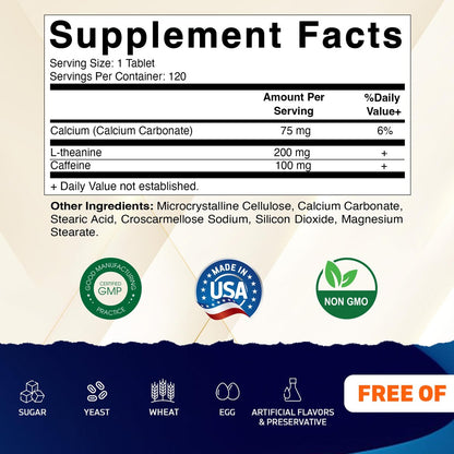 Vitamatic L-Theanin 200mg mit Koffein 100mg – 120 vegane Tabletten, Nootropikum für fokussierte Energie & geistige Klarheit