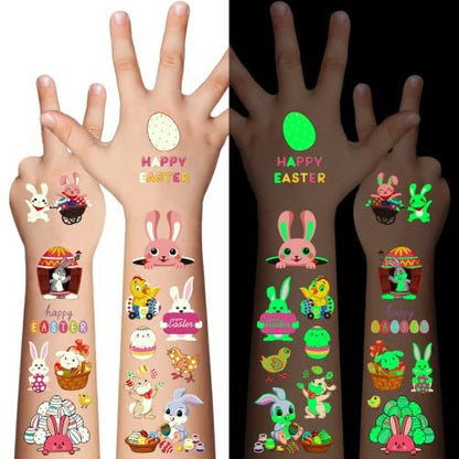 80 leuchtende Ostertattoos für Kinder – Glow-in-the-Dark-Tattoos mit Zwergen, Eiern, Karotten, Hasen und Gesichtsmotiven – Partyzubehör und Geschenke